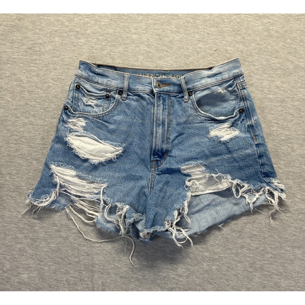 American Eagle Outfitters Mom Shorts Womens 6 Blue Denim Distressed Frayed Hem